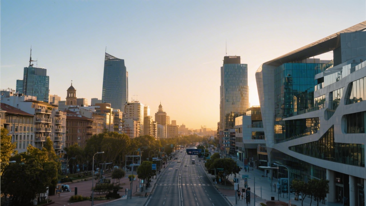 Urban skyline of Zaragoza with modern business district at sunset, clear streets and contemporary architecture, representing growth and professional learning environment for marketing teams